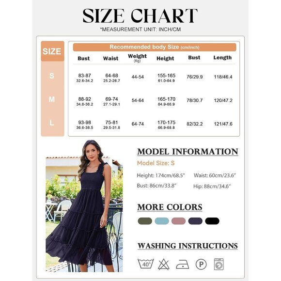 Women's Summer Midi Dress Tulle Flowy Smocked Square Neck Ruffle - Picture 6 of 7